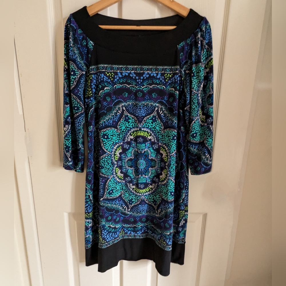 Tiana B. Dress With 3/4 Sleeves Black With Blue Design Size Medium Fun Dress